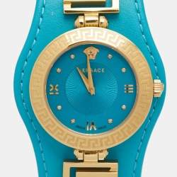 Pre Owned Versace Aqua Blue Rose Gold Plated Stainless Steel Leather V Signature VLA080014 Women's Wristwatch 35 mm