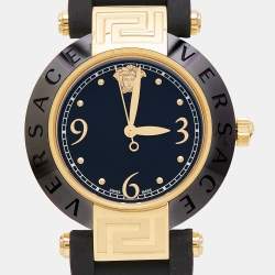 Pre Owned Versace Black Ceramic Gold Plated Steel Silicon Rubber Reve 92Q Women's Wristwatch 35 mm