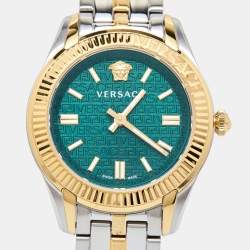 Pre Owned Versace Green Two-Tone Stainless Steel Greca VE6C00423 Women's Wristwatch 35 mm
