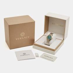 Pre Owned Versace Green Two-Tone Stainless Steel Greca VE6C00423 Women's Wristwatch 35 mm