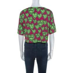 Pre Owned Versus Versace Pink and Green Heart Printed Jersey Crop Top M