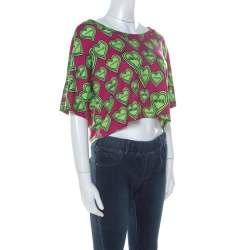Pre Owned Versus Versace Pink and Green Heart Printed Jersey Crop Top M