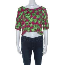 Pre Owned Versus Versace Pink and Green Heart Printed Jersey Crop Top M 