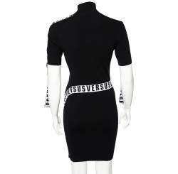 Pre Owned Versus Versace Black Rib Knit Logo Band Detail High Neck Bodycon Dress M