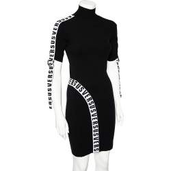 Pre Owned Versus Versace Black Rib Knit Logo Band Detail High Neck Bodycon Dress M
