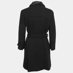 Pre Owned Versus Versace Vintage Black Faux-Fur Collar Wool Belted Coat S