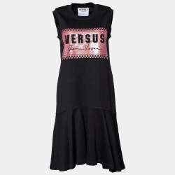 Pre Owned Versus Versace Black Knit Metallic Logo Detail Midi Dress XS