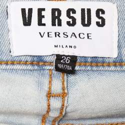 Pre Owned Versus Versace Blue Denim Logo Printed Side Strip Detail Slim Fit Jeans S Waist 28"