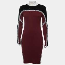 Pre Owned Versus Versace Black/Burgundy Ribbed Knit Logo Tape Bodycon Dress M