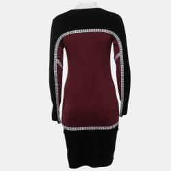 Pre Owned Versus Versace Black/Burgundy Ribbed Knit Logo Tape Bodycon Dress M