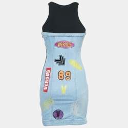 Pre Owned Versus Versace Blue Logo Print Denim & Crepe Sleeveless Mini Dress S