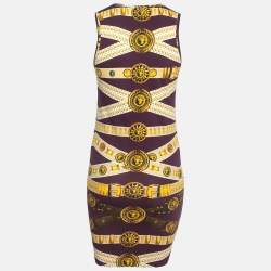 Pre Owned Versus Versace Burgundy/Yellow Printed Jersey Mini Dress L
