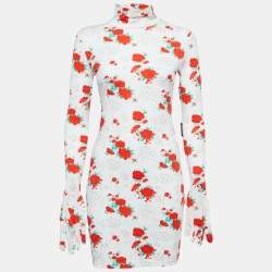 Vetements White Floral Print Jersey Bodycon Mini Dress With Golves M