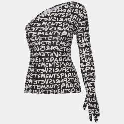 Pre Owned Vetements Monochrome All Over Logo Print Jersey One Shoulder Top S