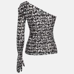 Pre Owned Vetements Monochrome All Over Logo Print Jersey One Shoulder Top S