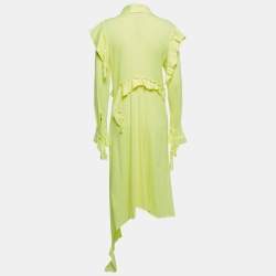 Pre Owned Vetements Neon Yellow Cotton Knit Full Sleeve Ruffled Asymmetrical Midi Dress M