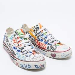 Pre Owned Vetements White Graffiti Canvas Low Top Lace Up Sneakers Size 39