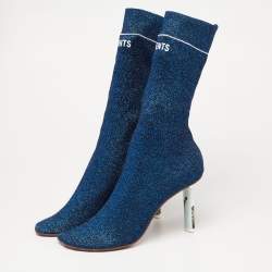 Pre Owned Vetements Blue Glitter Fabric Sock Mid Calf Boots Size 41