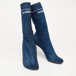 Pre Owned Vetements Blue Glitter Fabric Sock Mid Calf Boots Size 41