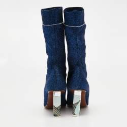 Pre Owned Vetements Blue Glitter Fabric Sock Mid Calf Boots Size 40
