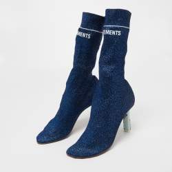 Pre Owned Vetements Blue Glitter Fabric Sock Mid Calf Boots Size 40