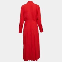 Pre Owned Victoria Beckham Red Sateen Pleated Button Front Maxi Dress M
