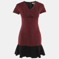 Pre Owned Victoria Beckham Burgundy/Black Silk & Wool Flounced Hem Mini Dress S 