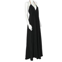 Pre Owned Victoria Beckham Black Crepe Leather Trim Halter Neck Flared Dress M