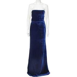 Pre Owned Victoria Beckham Navy Blue Velvet Corset Detail Strapless Gown M