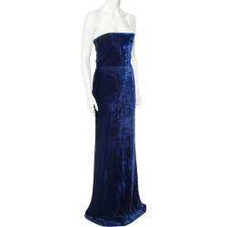 Pre Owned Victoria Beckham Navy Blue Velvet Corset Detail Strapless Gown M