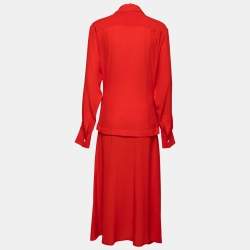 Pre Owned Victoria Beckham Red Silk Draped Shirt Dress M