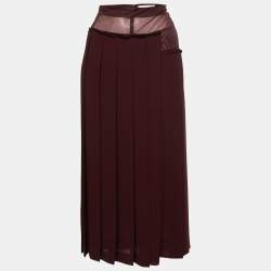 Pre Owned Victoria Beckham Burgundy Crepe Paneled Pleated Midi Skirt S