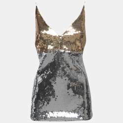 Pre Owned Victoria Beckham Silver/Gold Sequined Tank Top M