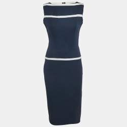 Victoria Beckham Navy Blue Basket Weave Cotton Midi Dress M