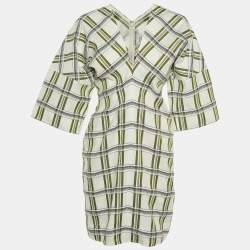 Pre Owned Victoria Beckham White Checked Canvas Plunge V-Neck Mini Dress M