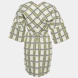 Pre Owned Victoria Beckham White Checked Canvas Plunge V-Neck Mini Dress M