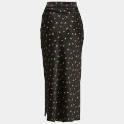Pre Owned Victoria Beckham Black Floral Print Textured Satin Midi Skirt S