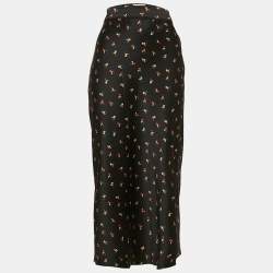 Victoria Beckham Black Floral Print Textured Satin Midi Skirt S
