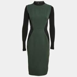 Victoria Beckham Green/Black Wool Blend Paneled Detail Bodycon Dress M