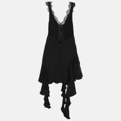 Pre Owned Victoria Beckham Black Crepe Ruffle Lace-Trim Mini Dress S