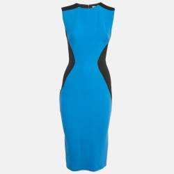 Pre Owned Victoria Beckham Blue Silk & Wool Contrast Detail Midi Dress M