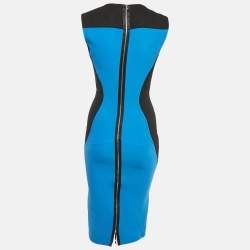 Pre Owned Victoria Beckham Blue Silk & Wool Contrast Detail Midi Dress M