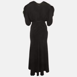 Pre Owned Victoria Beckham Black Draped-Sleeve Midi Dress M