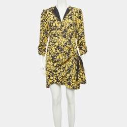 Pre Owned Victoria Beckham Black/Yellow Printed Crepe Wrap Mini Dress S