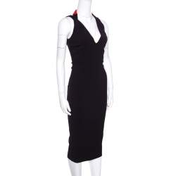 Pre Owned Victoria Beckham Navy Blue Contrast Trim Plunge Neck Halter Dress M
