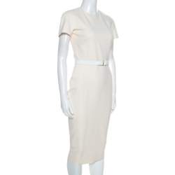 Pre Owned Victoria Beckham Cream Silk Wool Blend Belted Sheath Dress S