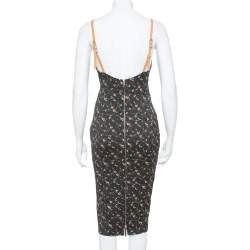 Pre Owned Victoria Beckham Black Floral Print Textured Leather Strap Detail Sheath Dress M