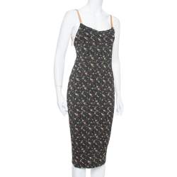 Pre Owned Victoria Beckham Black Floral Print Textured Leather Strap Detail Sheath Dress M