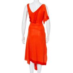 Pre Owned Victoria Beckham Orange Mesh Knit Ruffle Detail Asymmetric Hem Midi Dress S