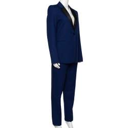 Pre Owned Victoria Beckham Navy Blue Striped Wool Contrast Trim Suit M 